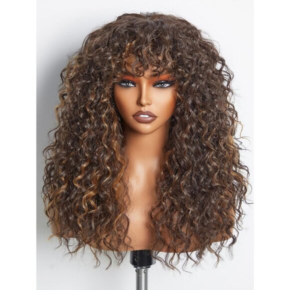 Accessories - Shaggy Curly Wig with Bangs, Remy Hair Blend & Realistic Scalp Brown Hairs